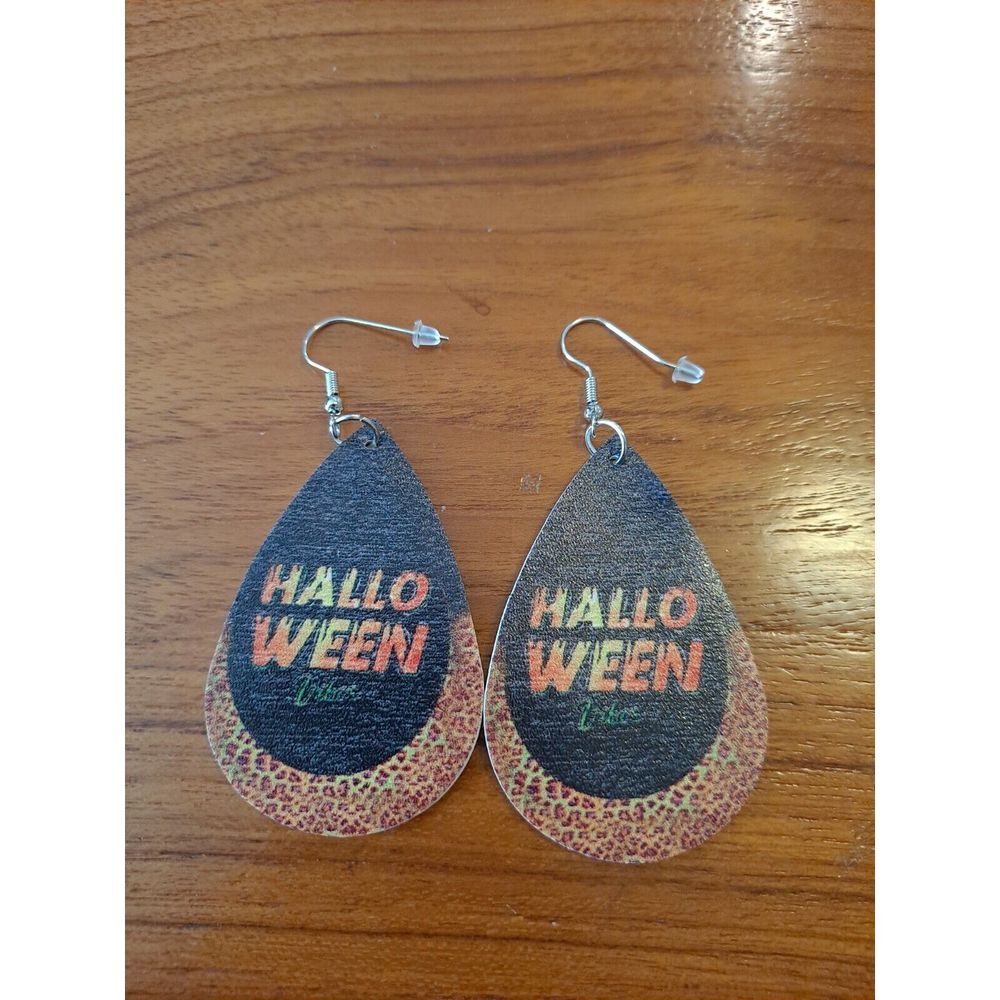 Halloween Vibes‎ Faux Leather Teardrop Earrings New Not Worn Double-Sided Design